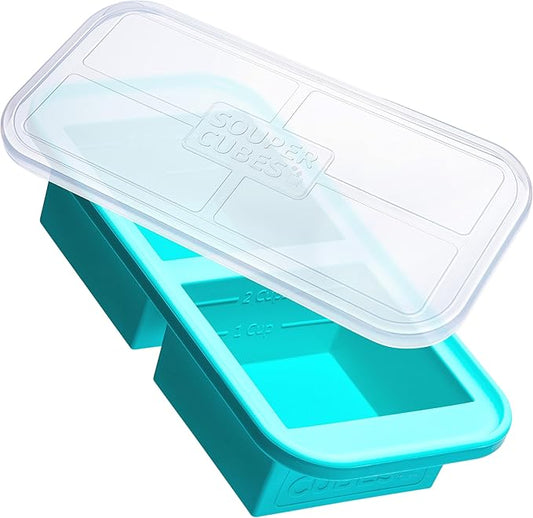 Souper Cubes 2 Cup Silicone Freezer Tray with Lid, Perfect for Storing Lasagna, Leftovers, Sauces, Portioned Meals and More, Silicone Freezer Mold for Meal Prepping - Aqua - 1-Pack