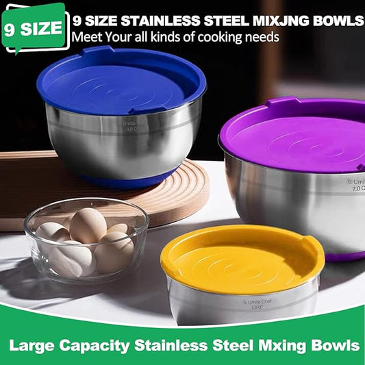 Umite Chef 22Pcs Mixing Bowls with Airtight Lids, Stainless Steel Nesting Mixing Bowls Set for Baking, Prepping, Non-slip Silicone Bottom, Colorful Bowls with Kitchen Gadgets for Mixing, Serving