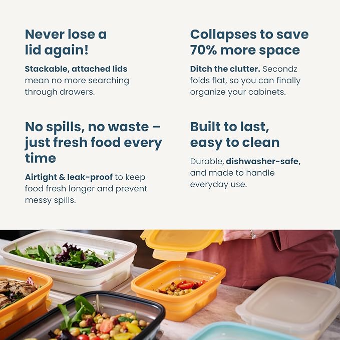 Drip EZ Secondz Collapsible Food Storage Containers (set of 3) - Meal Prep, Leftovers, Lunch, Camping, Hiking - Dishwasher & Microwave Safe - BPA-free Silicone - Locking Lids - Charcoal