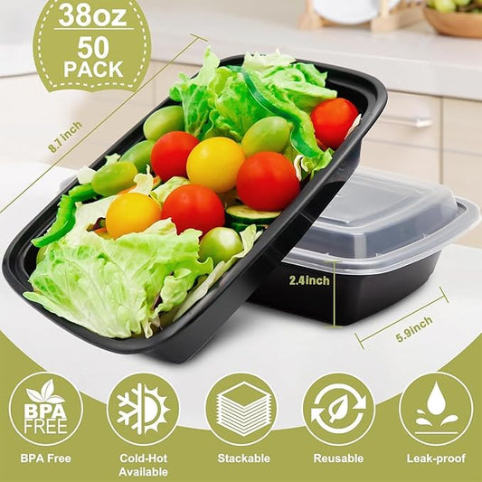 38oz Meal Prep Containers Reusable - 50 Pack Food Storage Containers with Lids - Plastic To Go Food Containers, Disposable To Go Container with Lids BPA Free, Microwave/Dishwasher/Freezer Safe