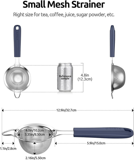 U-Taste 18/8 Stainless Steel 3.75in Small Fine Mesh Strainer with Sturdy Handle and Frame, and 18/8 Stainless Steel Square Measuring Spoons Set of 8 (Midnight Blue+Silver)
