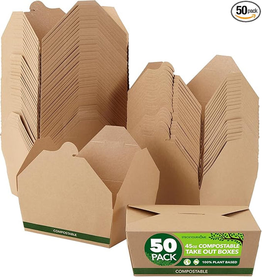 (Set of 50) 45oz Food Compostable Take Out Containers Disposable, Medium Microwaveable Paper To Go Boxes, Grease Resistant Natural Kraft Cardboard Lunch Box, Takeout, Biodegradable, Eco-Friendly
