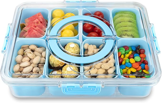 Divided Serving Tray with Lid and Handle,8 Compartments Snacks Box,Snack Fruit Tray,Veggie Tray,Portable Platter for Candy Fruits Nuts Snack Party Entertaining Picnic(1PCS Blue)