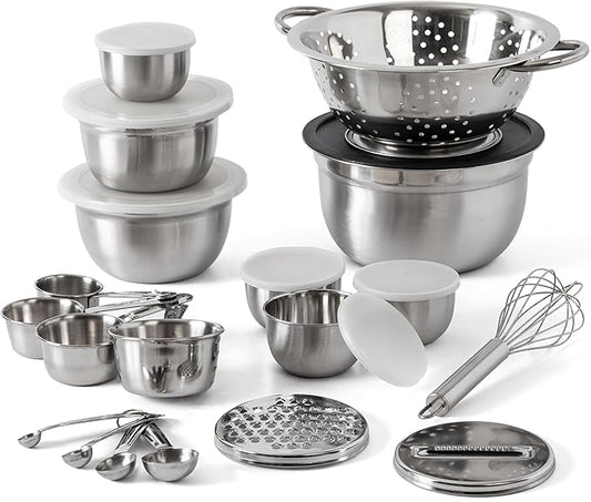 Oster Tobias 27 Piece Kitchen Tools and Prep Set (Collander, Mixing Bowls, Prep Bowls, Measuring Cups & Spoons, Whisk, Cheese Grater)
