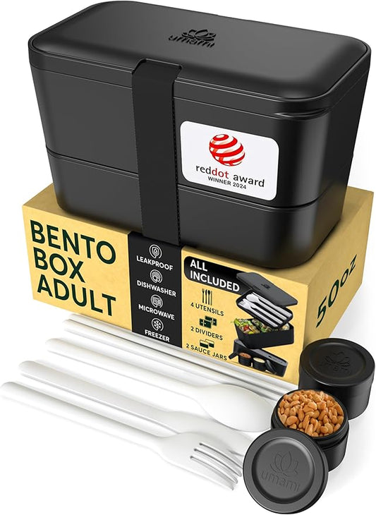 Umami Lunch Box Containers w/ 4 Utensils, 2 Sauce Jars, Nestable Space-Saving Bento Box Adult, 100% Leakproof, Microwavable Lunch Containers for Adults, Design Award Winner, Onyx Black, 50 oz
