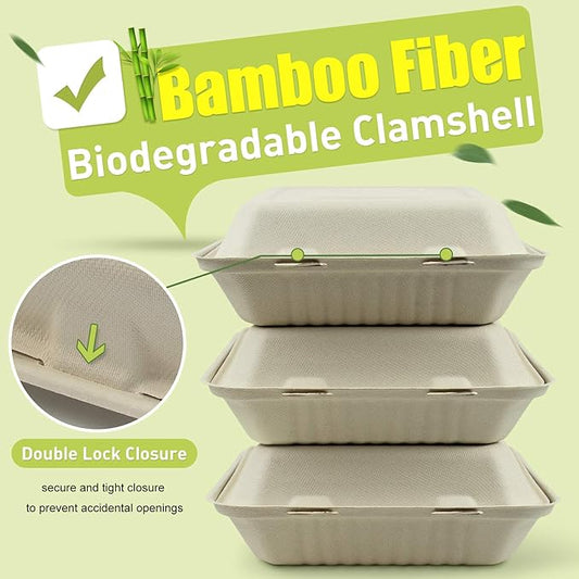 Green Earth, 9-inch, 50-Count, 3-Compartment, Compostable Clamshell, BAM Ware (Bamboo Fiber), Take-Out/to-Go Food Boxes - Biodegradable Containers, Hinged Lid Microwave-Safe Gluten-Free