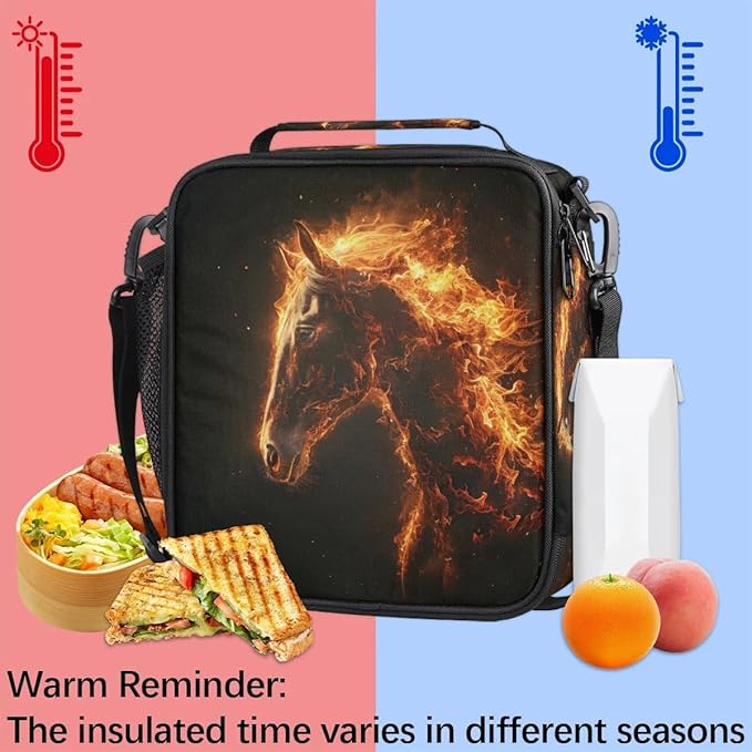 Lunch Box for Kids Boys Girls Fire Horses Kids Lunch Bag Insulated Lunch Bag Tote with Adjustable Shoulder Strap Teens Lunchbox Cooler School Picnic