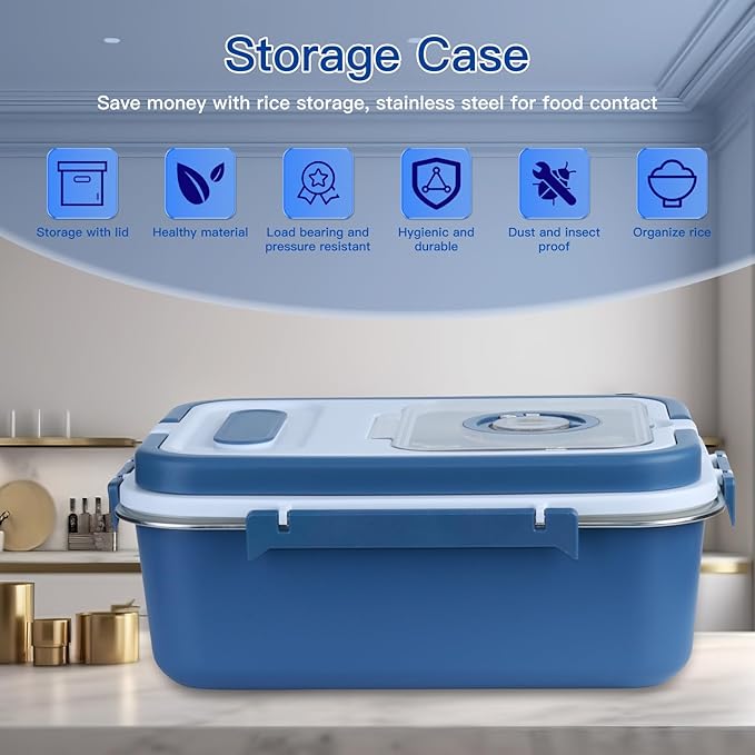 PENCK 15lbs Airtight Rice Storage Container Stainless Steel Flour Sugar Dispenser Food Box Holder Grain Cereal Bin with Measuring Cup for Kitchen Pantry Countertop, Blue