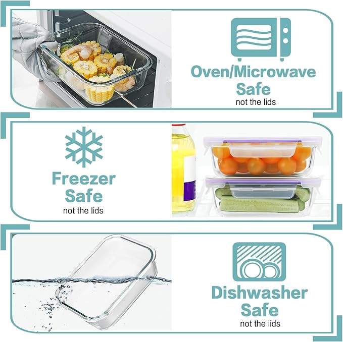HOMBERKING 10 Pack Glass Meal Prep Containers, Glass Food Storage Containers with Lids, Airtight Glass Lunch Bento Boxes, BPA-Free & Leak Proof (10 lids & 10 Containers) - Purple