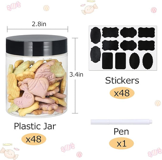 Jars with Lids, 48pcs 8 oz Plastic Containers with Lids Pen Labels Leak Proof BPA Free Airtight Refillable Clear Small Containers Storage Jars for Storing Dry Food Makeup Slime Honey Jam (8oz Black