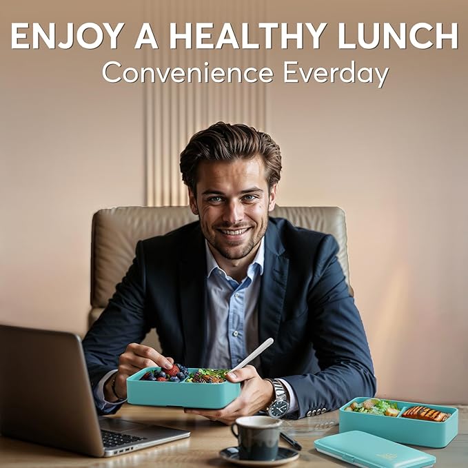 Umami Bento Box Adult All-in-1 w/ 4 Utensils, 100% Leakproof, Dishwasher & Microwave Safe Lunch Containers for Adults w/ 4 Compartments, Fresh Turquoise, 40 oz