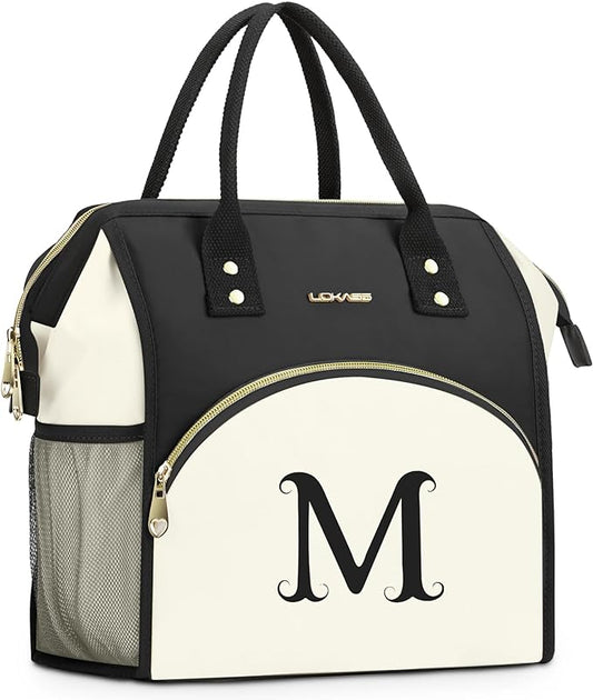 Personalized Lunch Bag for Women, Preppy Reusable Insulated Initials Lunch Box Gift for Friend Large Wide-Open Water Resistant Adult Cooler Tote Bag for Work, Travel, Picnic - Black M