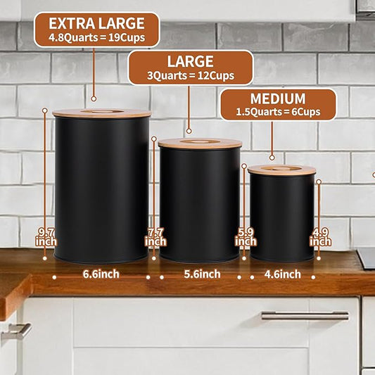 Canisters Sets for Kitchen Countertop, Black Metal Kitchen Canisters Set of 3, Flour and Sugar Storage Containers with Airtight Bamboo Lid and Stickers, Coffee and Tea Storage, Farmhouse Decor