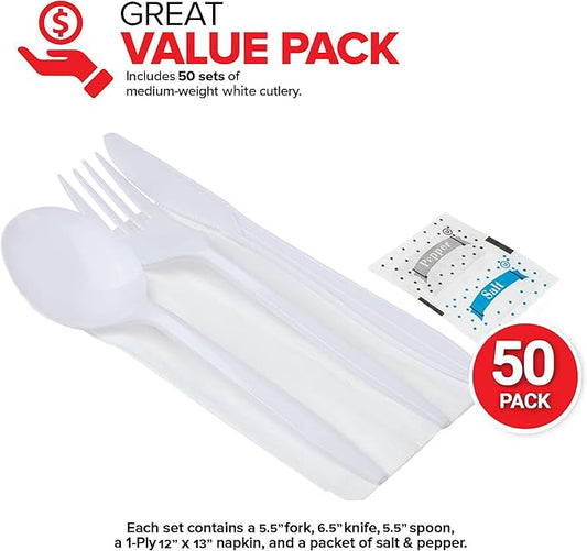 Individually Wrapped Plastic Cutlery Set with Napkin + Salt & Pepper Packets in White (50 Count) Prewrapped Disposable Silverware Bags, Bulk Utensils: Fork, Knife, and Spoon for Togo Eating