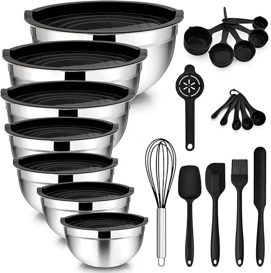TeamFar Mixing Bowls with Lids Set of 7, Stainless Steel Nesting Salad Mixing Bowls with 16 PCS Cooking Utensils Set, 7, 4.5, 3, 2.5, 1.5, 1.2, 0.7 QT, Fit for Mixing/Prepping, Black