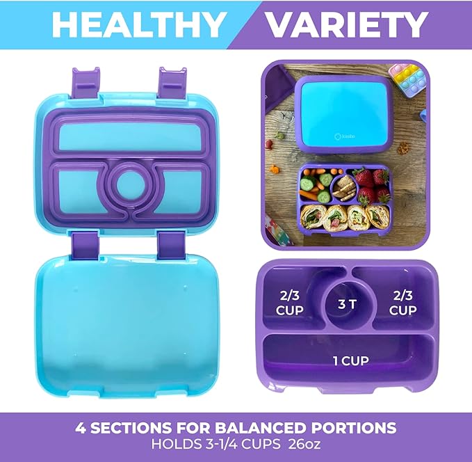 kinsho Bento Lunch Box for Kids Toddlers, 4 Portion Sections Secure Lid, Microwave Safe BPA Free Removable Tray, Pre-School Kid Daycare Lunches Snack Container Ages 3 to 5 Blue Purple