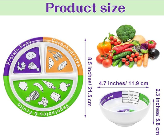 Tioncy 8 Pcs Bariatric Portion Control Set with 4 Bariatric Plates 4 Portion Control Bowls for Adults Diet Balanced Eating Weight Loss Serving Plans(Classic)