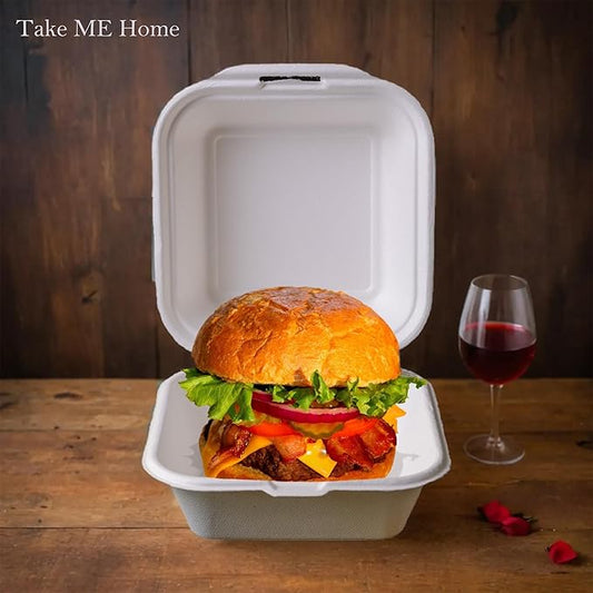 Greensoil 6x6 Compostable To Go Containers - 1-Compartment 100 Pack, Heavy Duty Clamshell Take Out Containers, PFAS-Free, Microwave & Freezer Safe, BPI Certified for Salad, Cake, Sandwiches, Lunch