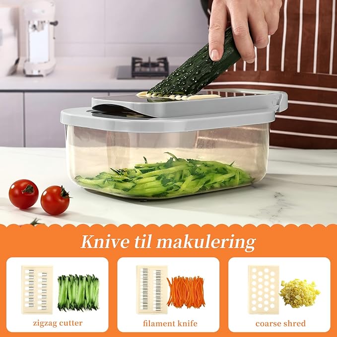 Vegetable Chopper 9-in-1, Onion cutter with 8 Blades, Food Shredding Container with Carrots, Eggs, Home Kitchen Essentials, Salad slicers, Cheese Grater and French Fries Cuts (Grey)