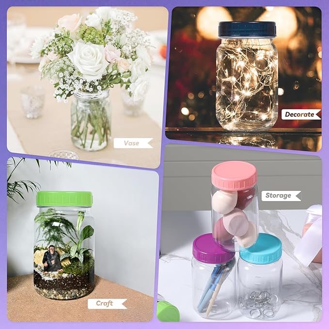 novelinks 16 Pack Plastic Jars 16 oz With Colorful Lids Wide-mouth Mason Jars 16 oz With Lids Plastic Containers For Storge Decoration (16)
