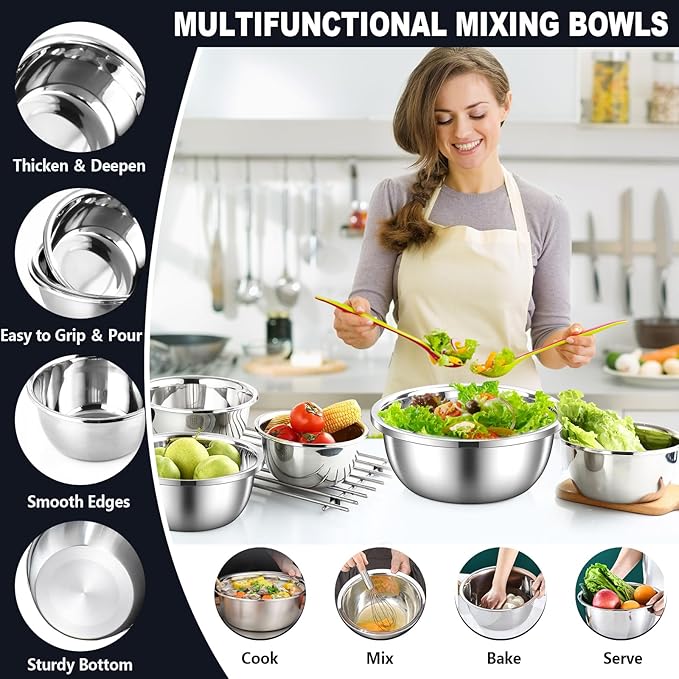 20Pcs Mixing Bowl Set,Stainless Steel Mixing Bowls,Large Nesting Bowls 4.1/3.2/2.4/2.1/1.4QT with Measuring Cups and Spoons Set,Fine Mesh Strainer,Jar Spatula,Brush for Baking Utensils Metal Bowl