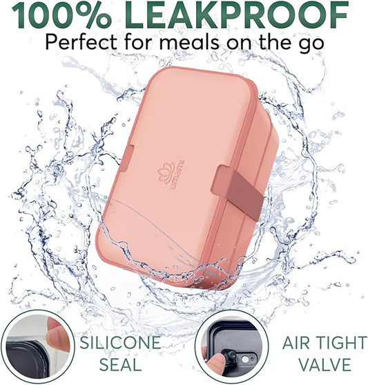 Umami Lunch Box Containers w/ 4 Utensils, 2 Sauce Jars, Nestable Space-Saving Bento Box Adult, 100% Leakproof, Microwavable Lunch Containers for Adults, Design Award Winner, Coral Pink, 30 oz