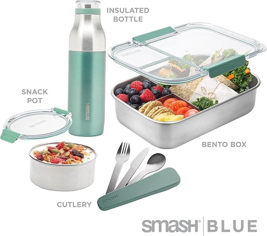 Eco-friendly Bento 7-Piece Lunch Kit - Blush color - Box with 3 compartments, Snack Box, 16.9 fl oz Bottle, 3 piece travel cutlery set. (Green)
