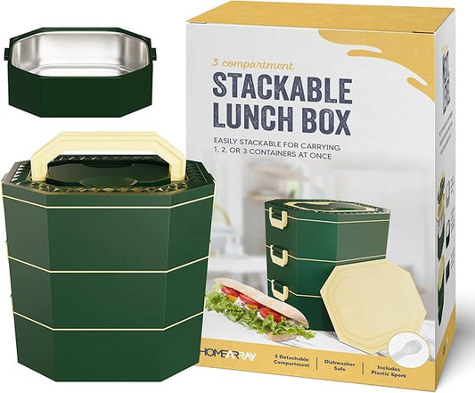 Stainless Steel Stackable Bento Box Adult Lunch Box with Cutlery - Hot/Cold - Separates Ideal Portion Sizes - Reusable Tin Inserts - Dishwasher Safe - Stackable Lunch Container for Adults with Spork