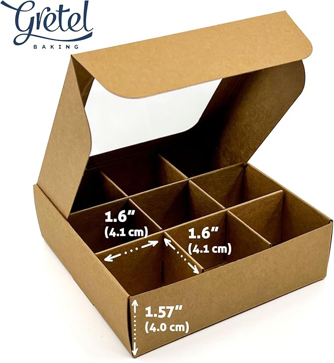 Treat boxes with window and dividers | 9 X-SMALL compartments | 5 x 5 x 1.57 in | Empty candy boxes for gift giving, truffle box - perfect for Valentine's Day | 10-pack (Kraft)