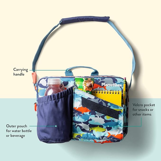 PlanetBox Insulated Lunch Bag Easy to clean and Durable Carry Bag with Pockets for Snacks and Drinks, and adjustable straps Camo Sharks