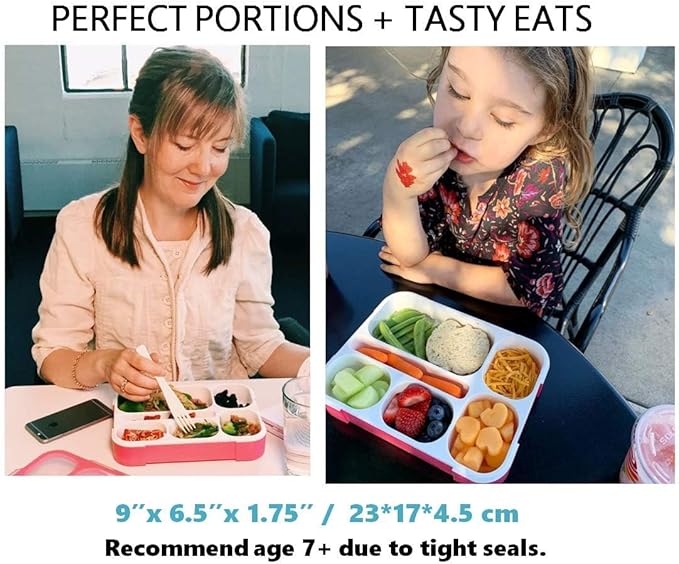 Bento-Box Lunch-box Containers for Kids Girls Toddler Women, 6 Compartment Leakproof School Portion Container Kit, Meal or Snack Boxes for School Daycare Travel, BPA-Free Pink
