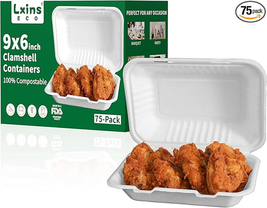 ‌LxinsECO 9X6 Inch Clamshell Containers (75-pack), Disposable Compostable Bagasse Dessert & Sandwiches Boxes, Microwave & Freezer Safe for Restaurants, Picnic, To-Go Meals Out