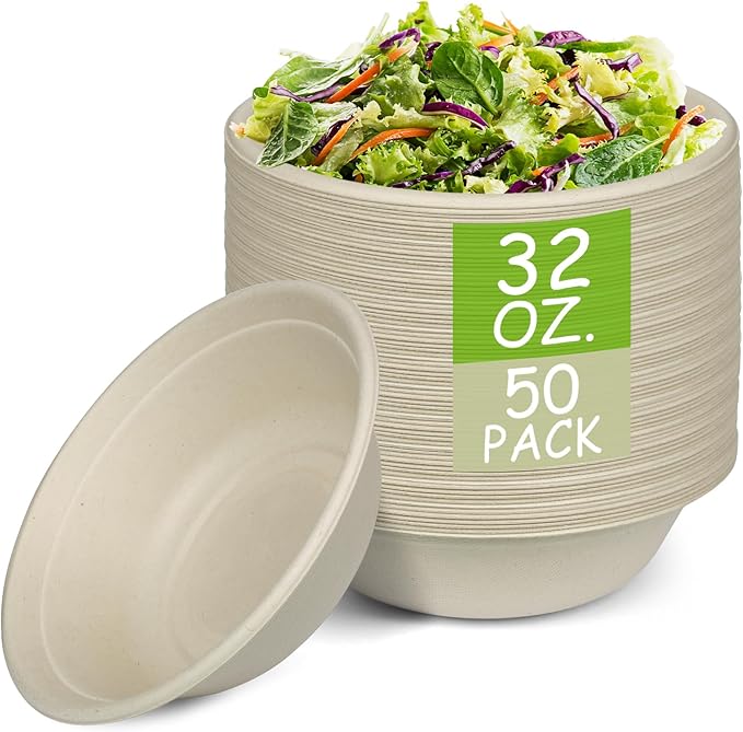 Paper Bowls, 100% Compostable Disposable Soup/Salad Bowls 32 Oz 50 Pack, PFAS-Free BPI Certified Eco-Friendly Hot/Cold Food Bowls, Natural Brown
