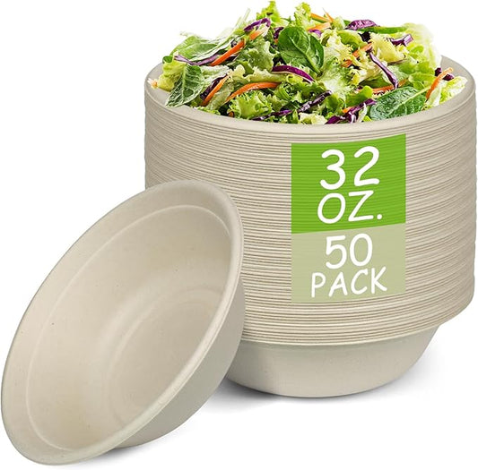 Paper Bowls, 100% Compostable Disposable Soup/Salad Bowls 32 Oz 50 Pack, PFAS-Free BPI Certified Eco-Friendly Hot/Cold Food Bowls, Natural Brown