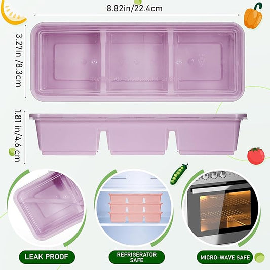 Hushee 10 Pack 17 oz Small Meal Prep Containers 3 Compartments with Lids Disposable Plastic Bento Boxes Travel Lunch Food Boxes Reusable Stackable for Office Picnic (Purple,Pink,Mint Green)