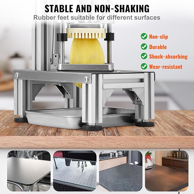 VEVOR Commercial French Fry Cutter with 4 Replacement Blades, 1/4" and 3/8" Blade Easy Dicer Chopper, 6-wedge Slicer and 6-wedge Apple Corer, Lemon Potato Cutter for French Fries with Extended Handle