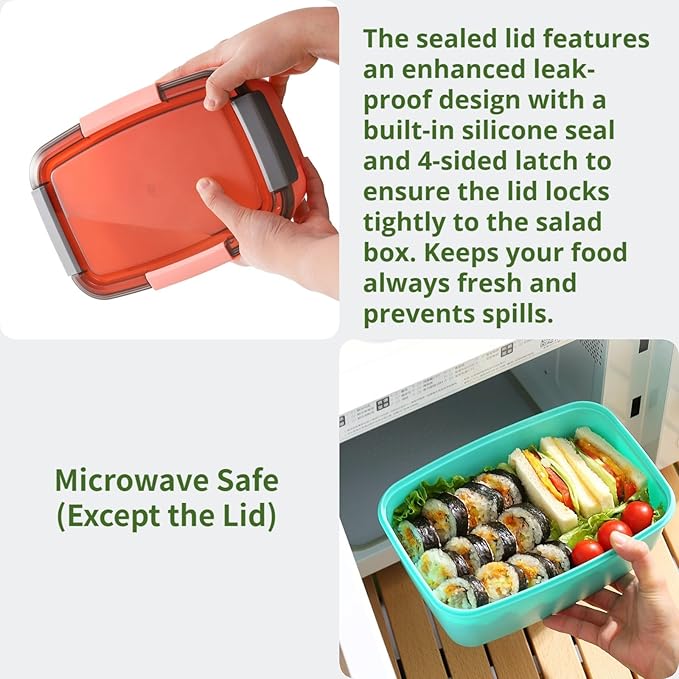 Youeon 3 Pcs 68 Oz Salad Lunch Container with 4 Compartment Tray, Bento Lunch Box with Spoon & Dressing Cup, Leakproof Salad Container for Lunch, Toppings, Snacks, Fruits, BPA-Free