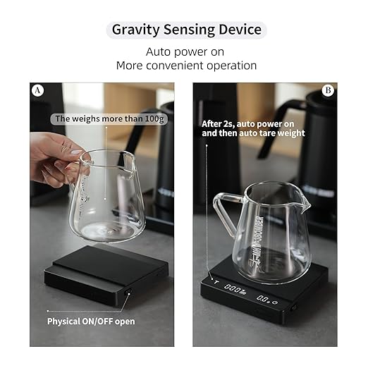 MHW-3BOMBER Espresso Scale with Timer, Small Coffee Scale with Gravity Sensing Device, Rechargeable Kitchen Scale 2kg/0.1g High Precision, Black ES6027B-OS+B5525B-OS