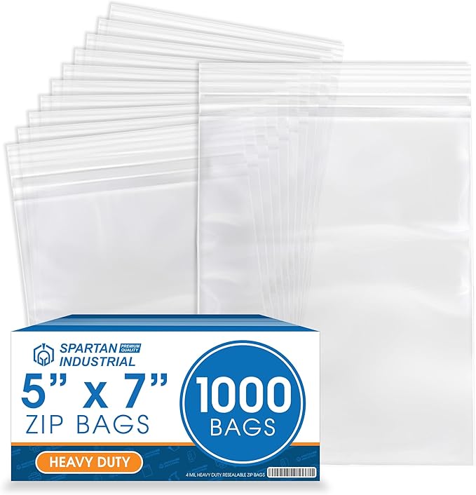 Spartan Industrial - 5” X 7” (1000 Count) Thick 4 Mil Clear Reclosable Zip Plastic Poly Bags with Resealable Lock Seal Zipper - Heavy Duty and Durable