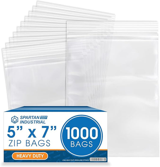 Spartan Industrial - 5” X 7” (1000 Count) Thick 4 Mil Clear Reclosable Zip Plastic Poly Bags with Resealable Lock Seal Zipper - Heavy Duty and Durable