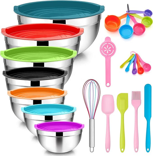 TeamFar Mixing Bowls with Lids Set of 7, Stainless Steel Nesting Mixing Bowls Set with 16 PCS Kitchen Utensils for Prepping Mixing Serving, 7, 4.5, 3, 2.5, 1.5, 1.2, 0.7 QT, Colorful