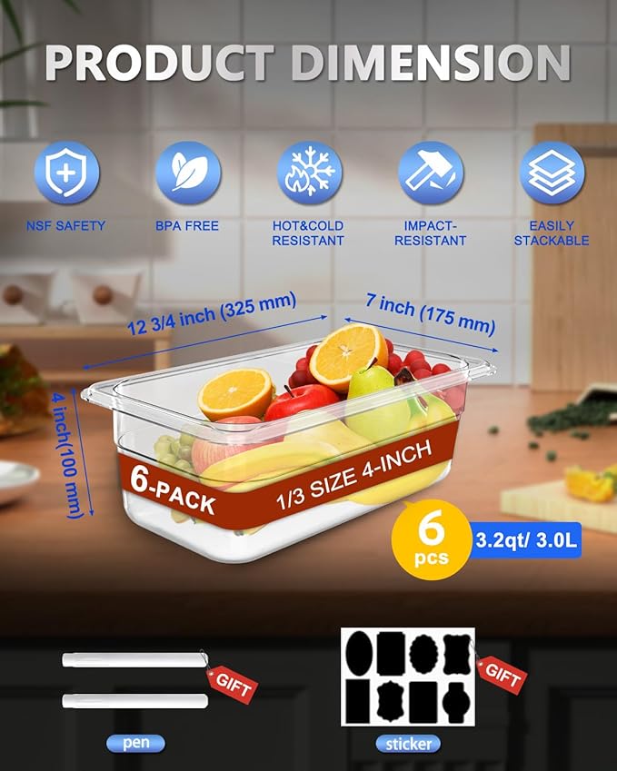 1/6 Size 4 Inch Clear NSF Polycarbonate Food Pan-9 PCS[Food Grade][Hot&Cold Resistant] Commercial Pans with Lids, Restaurant Storage Containers Hotel Pan(BPA-FREE)