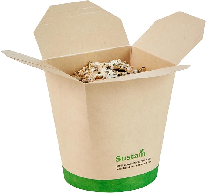 Restaurantware Sustain 32 Ounce Sturdy Paper Take Out Boxes, 200 Disposable Take Out Food Containers - With PLA lining, Compostable, Bamboo Paper Containers, Built-In Tab-Lock Cover, Greaseproof