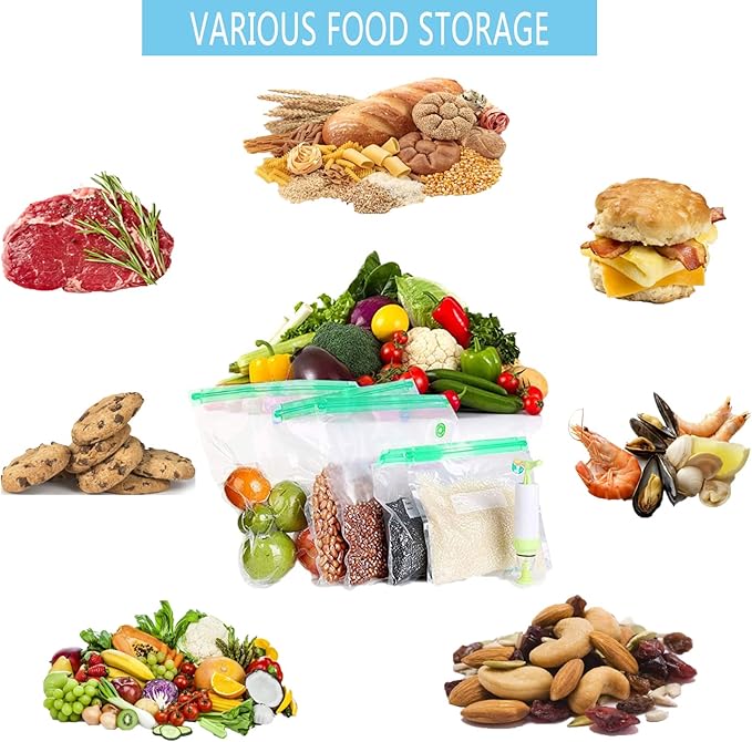 Sous Vide Bags 20pack Reusable Vacuum Food Storage Bags with 3 Sizes Vacuum Food Bags,1 Hand Pump,4 Sealing Clips for Food Storage and Sous Vide Cooking (Green Kit)