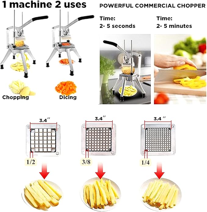 Upgrade Stainless Steel Vegetable Cutter: Ideal for potatoes, tomatoes, peppers, mushrooms.3 Replacement Blades (1/4", 3/8", 1/2") for various widths. Doubles cutting efficiency.