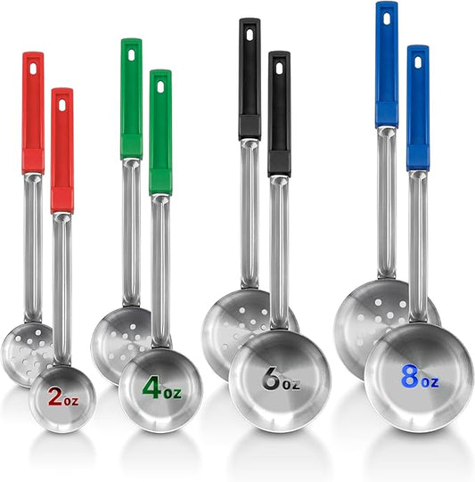 Portion Control Serving Spoons (Set of 8), Slotted & Unslotted Portion Scoops for Food, Heavy Duty Stainless Steel Utensils for Portion Control, 2, 4, 6, and 8oz Scoops for Portion Perfection