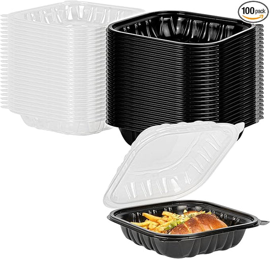 Restaurantware Thermo Tek 34 Ounce Clamshell Containers, 100 Disposable Take Out Boxes - Ventilated Lids, Microwavable, Black Plastic Meal Prep Containers, For Pastas, Salads, Or Sandwiches