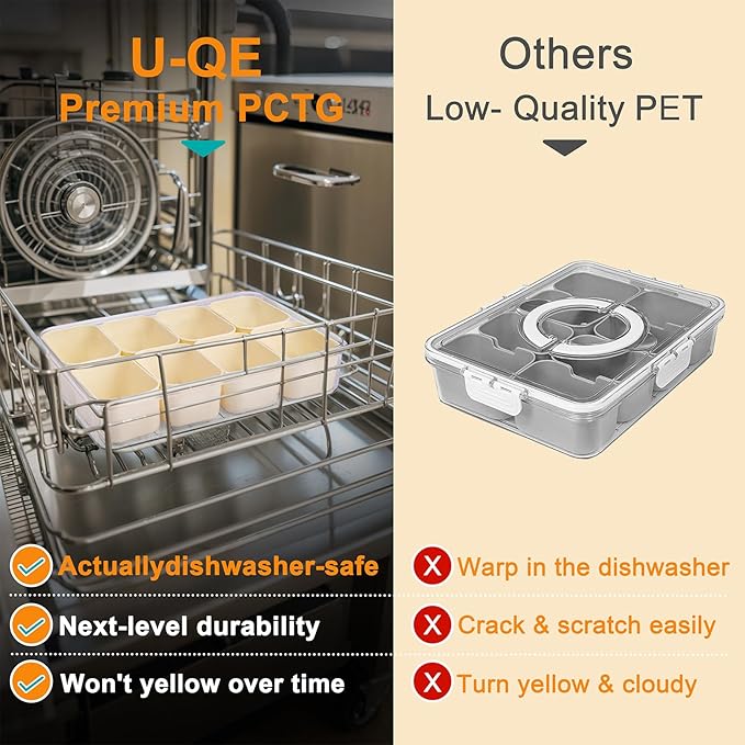 U-QE Dishwasher Safe Snackle Box Container with 8 Small Snacks Box - Premium Ivory Plastic Divided Serving Tray with Lid and Handle for Snack, Veggie, Fruits, Perfect for Party, Picnic, Entertaining