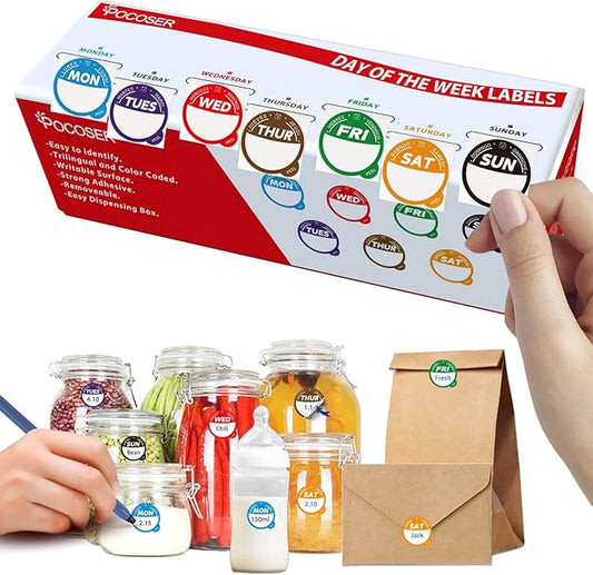 Label Stickers for Food Containers with Dispenser Box, Removable Day Dot Food Labels Peel Tab 7 Day of The Week for Home Freezer Restaurant Supplies Week Monthly Planners Meal Prep Accessory