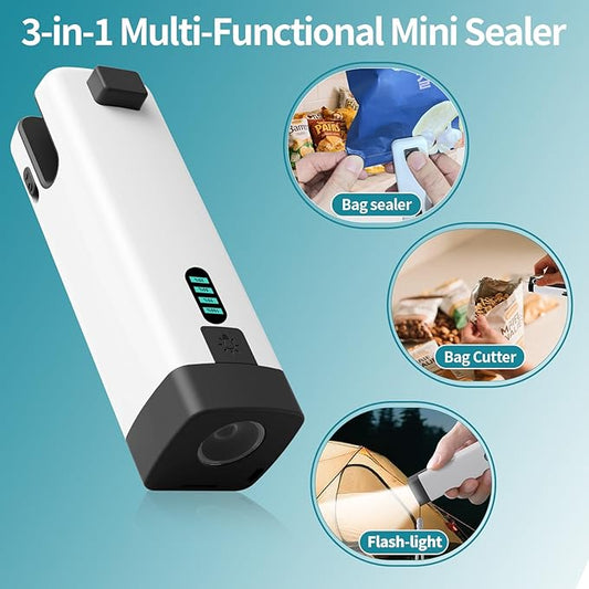 HSLGOVE 3-IN-1 Mini Bag Sealer, Rechargeable Chip Bag Sealer Heat Seal, Built-in Cutter, Flashlight & Magnet, Portable Mini Resealer Machine for Plastic Food Storage Bags Snack Bags-Lightwhite